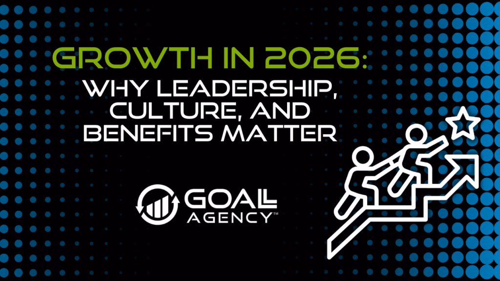 January 2026_Blog Cover | GOALL Agency Growth in 2025 blog graphic by Goal Agency about leadership, workplace culture, and employee benefits driving business growth