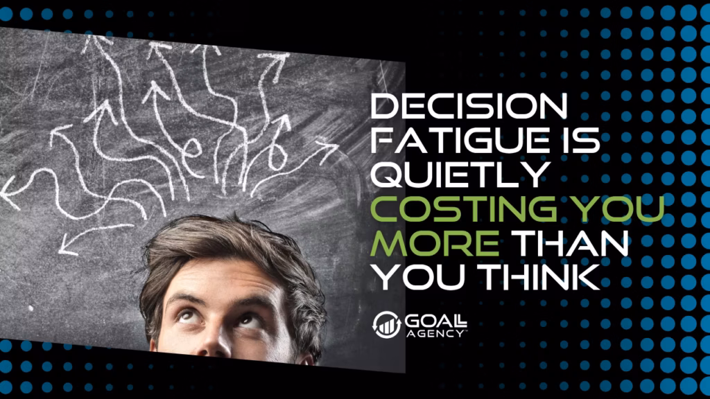 decision fatigue | GOALL Agency Promotional banner: man looking up beside a chalkboard with tangled arrows; bold text about decision fatigue and the Goal Agency logo.