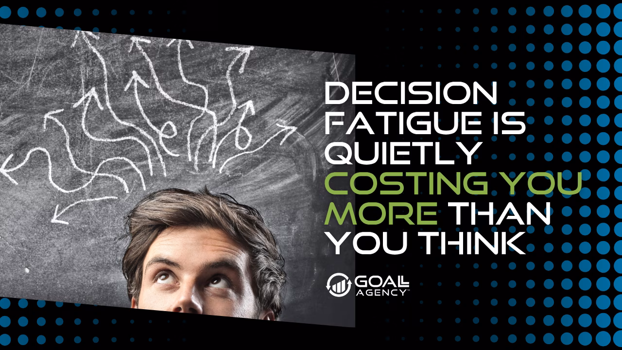 decision fatigue | GOALL Agency Promotional banner: man looking up beside a chalkboard with tangled arrows; bold text about decision fatigue and the Goal Agency logo.