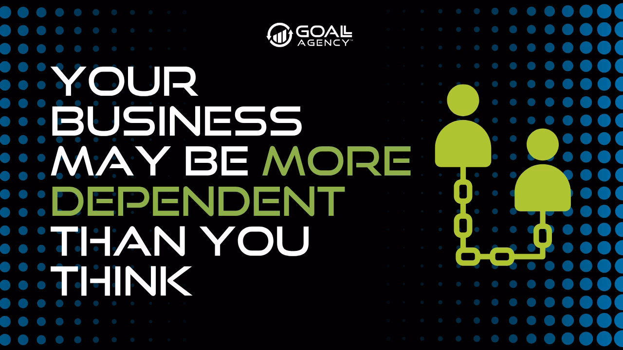 Banner ad for Goal Agency reading 'Your business may be more dependent than you think,' with the logo at top and two green human icons linked by chains on the right.